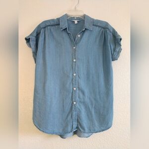 Time and Tru Chambray Shirt Short Cap Sleeve Blue Coastal Beach Relaxed Summer S